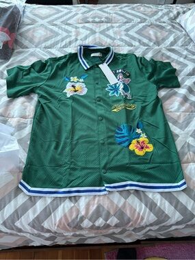 First Row Green Mesh Baseball Polo with Blue-Trim Collar